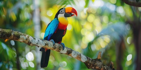 A colorful toucan bird with blue, yellow and orange feathers perched on a branch in the rainforest.