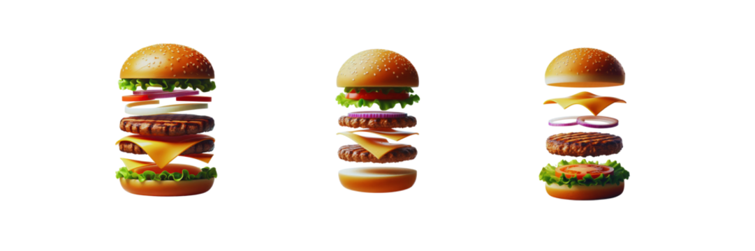 Set of A floating unassembled cheeseburger, isolated over on transparent white background