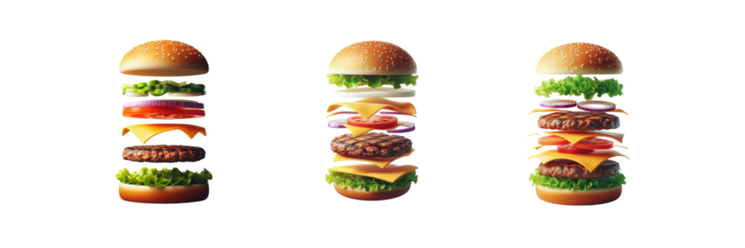Set of A floating unassembled cheeseburger, isolated over on transparent white background