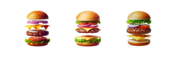 Set of A floating unassembled cheeseburger, isolated over on transparent white background