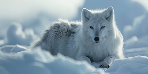 Obraz premium A majestic white wolf lies on the icy tundra, its eyes scanning the horizon for prey