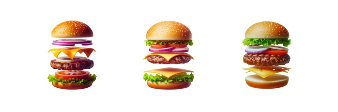 Set of A floating unassembled cheeseburger, isolated over on transparent white background