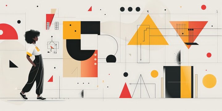 Abstract geometric shapes and a person walking.