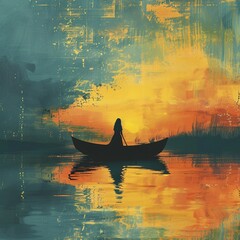 A woman is in a boat on a lake at sunset