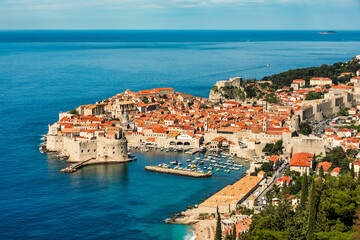 Naklejka na ściany i meble The aerial view of Dubrovnik, a city in southern Croatia fronting the Adriatic Sea, Europe. Old city center of famous town Dubrovnik, Croatia. Dubrovnik historic city of Croatia in Dalmatia.