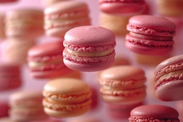 Obraz premium Colorful sweet macarons floating in the air professional advertising food photography