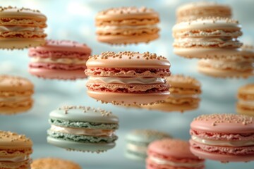 Fototapeta premium Colorful sweet macarons floating in the air professional advertising food photography