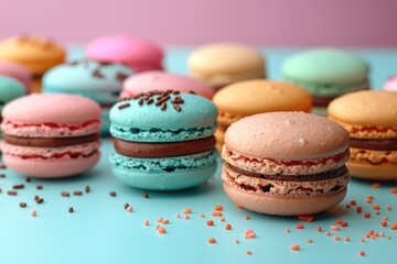 Fototapeta premium Various colorful sweet macarons professional advertising food photography