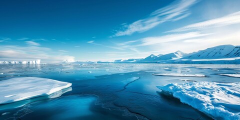 The photo shows a beautiful landscape of Antarctica with icebergs floating in the ocean surrounded by snow-capped mountains.