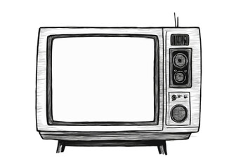 Illustration: front view of a classic serious-looking 1950s television set, sleek retro design with a rectangular body and a huge side button panel. Empty blank screen.
