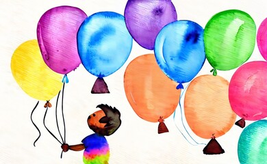 Watercolor painting: a joyful child holding a colorful balloon amidst an array of other balloons. Childlike artwork capturing a sense of innocence through its loose brushstrokes and bright palette.
