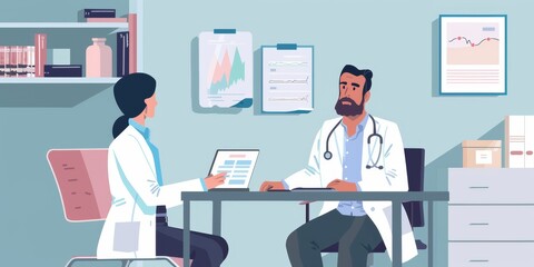 Two doctors in white coats are sitting at a desk in a medical office. They are looking at a clipboard and discussing something.