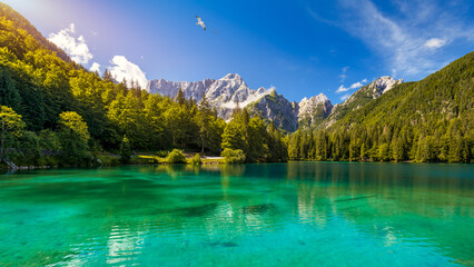 Picturesque lake Lago Fusine in Italy. Fusine lake with Mangart peak on background. Popular travel...