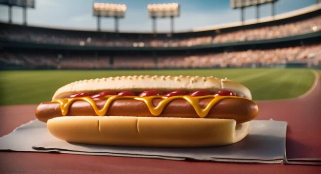 hot dog with ketchup and mustard at a baseball ballpark 