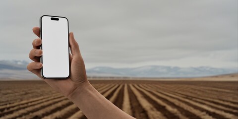 Hand holding a phone with a blank screen against a cultivated field backdrop