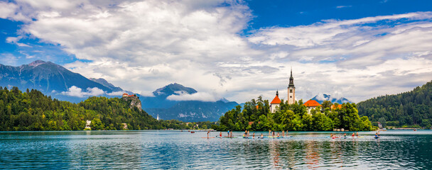 Lake Bled in Slovenia. Beautiful mountains and Bled lake with small Pilgrimage Church. Bled lake...