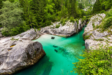 Amazing Soca river gorge in Slovenian Alps. Great Soca Gorge (Velika korita Soce), Triglav National...