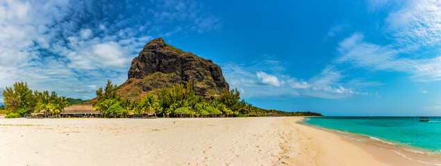 Paradise beach resort with palm trees and and tropical sea in Mauritius island. Summer vacation and...