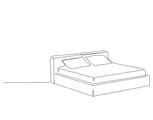 Continuous one line drawing of double bed with pillows. One line drawing illustration of bed. Interior of bedroom concept continuous line art. Editable outline.