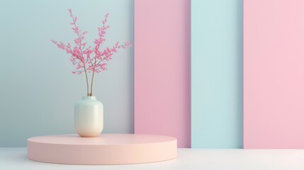 A vase with a pink flower in it sits on a pedestal in front of a pink wall