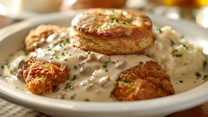 Plate of country-fried steak with mashed potatoes and a biscuit