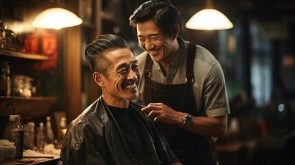 Hipster Asian Client Enjoying Friendly Visit at Cozy Barber Shop