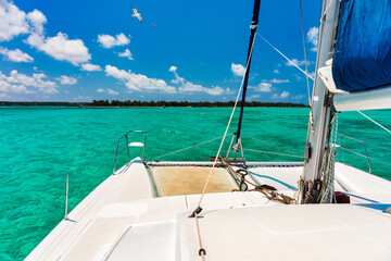 Beautiful catamaran in the paradise turquoise lagoon of the east coast of Mauritius. View of the...
