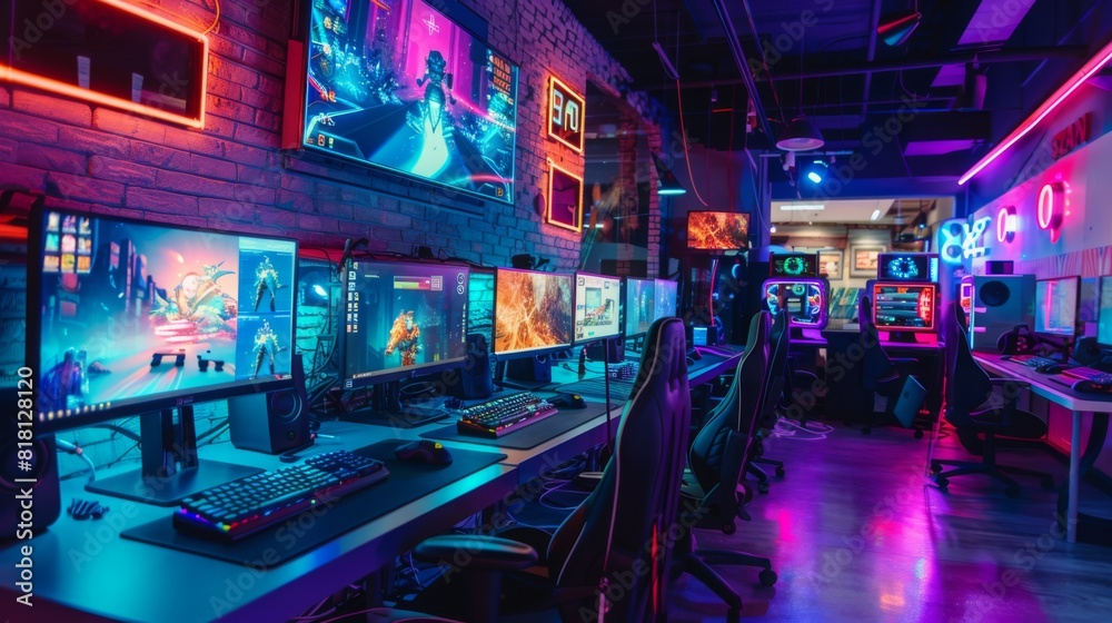 Poster a gaming room filled with many computers and neon lights, creating a vibrant and high-tech atmospher