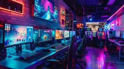 A gaming room filled with many computers and neon lights, creating a vibrant and high-tech atmosphere for gamers.