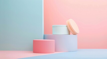 A set of three boxes are arranged on a pink and blue background