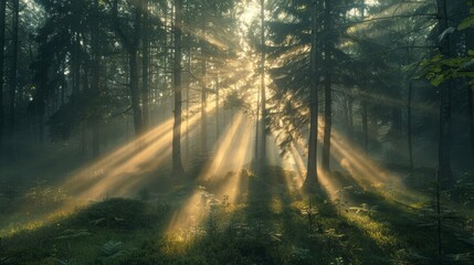 The sun is shining through the trees, casting a warm glow on the forest floor