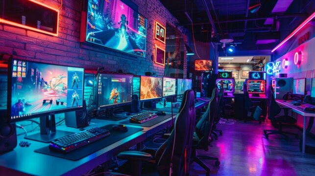 A gaming room filled with many computers and neon lights, creating a vibrant and high-tech atmosphere for gamers. - Powered by Adobe