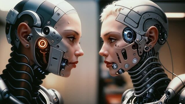 Robot cyborg person. Two robots look at each other. vertical, video