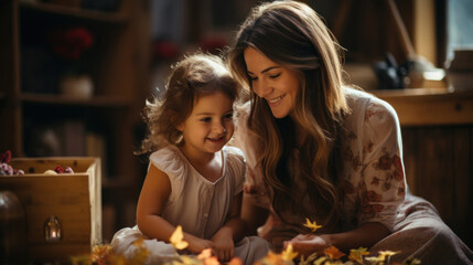 Mother Playing with Baby Girl on Hardwood Floor in Cozy Home Environment