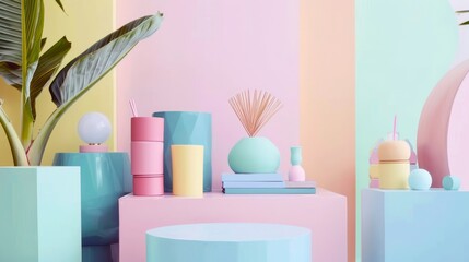 A pink room with a pink wall and pink cubes