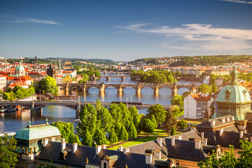 Prague View of the Vltava River and the bridges shined with the sunset sun, Prague, the Czech...