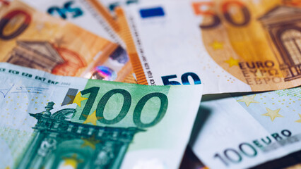 Euro money, Euro cash background. Banknotes of the european union. Euro cash. Many Euro banknotes...