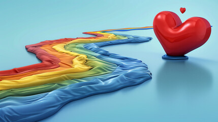 Pride flag depicted as a flowing river  a heart-shaped island on the right illustrating love's journey.