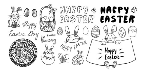Large set of Easter theme elements in doodle style. Bunny, rabbit, basket of eggs, eggs with patterns, wicker basket of flowers and eggs. Hand drawn vector illustration. Great for poster, banner