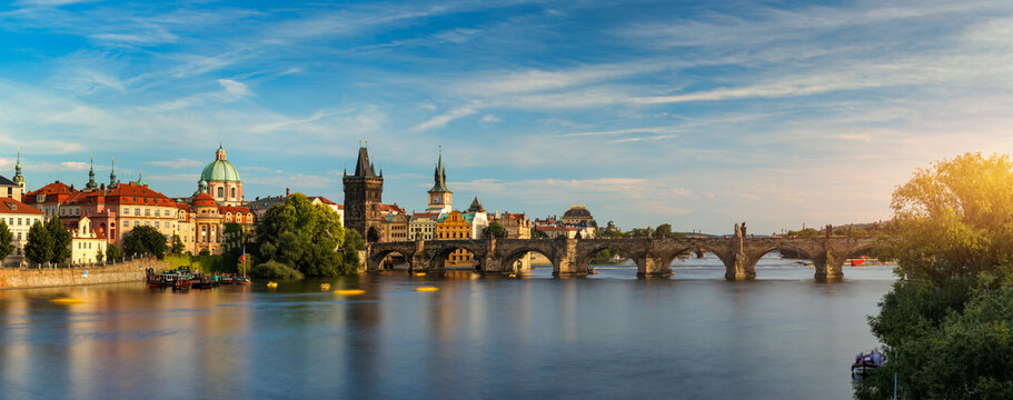 Charles Bridge sunset view of the Old Town pier architecture, Charles Bridge over Vltava river in Prague, Czechia. Old Town of Prague with Charles Bridge, Prague, Czech Republic.