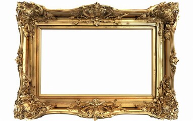 Ornate golden vintage picture frame, empty, with intricate designs.