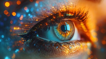 A woman's eye is surrounded by a colorful, glittery design