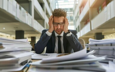 Overwhelmed businessman struggling with excessive paperwork.