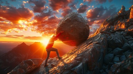 A man is pushing a large rock up a mountain