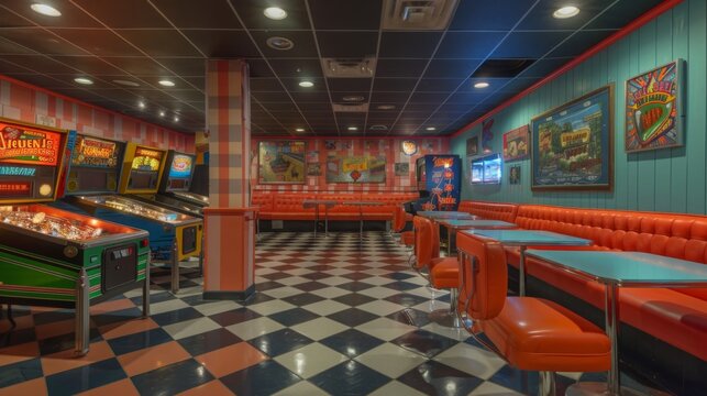 A nostalgic arcade and diner with brightly colored retro decor, empty booths, and classic arcade games, illuminated by soft lighting.
