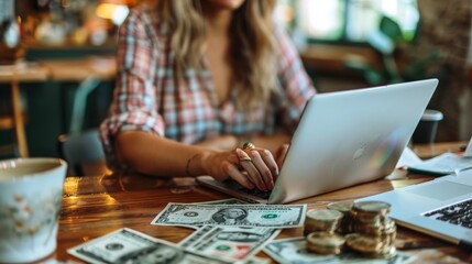 A woman is typing on a laptop in front of a table with a pile of money and coins