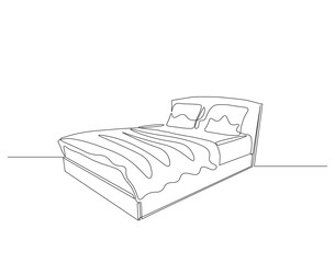 Continuous one line drawing of double bed with pillows. One line drawing illustration of bed. Interior of bedroom concept continuous line art. Editable outline.