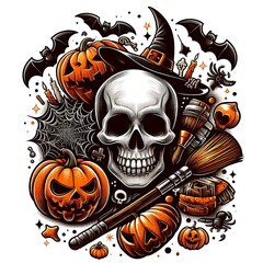 A skull and pumpkins and bats realistic attractive used for printing realistic card design.