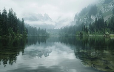 Pristine mountain lake with reflections and surrounding pine forests.