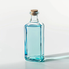 A clear glass bottle with light blue liquid inside